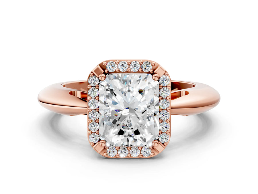 Rose gold Radiant Cut Diamond Halo Engagement Ring with Split Shank and Four-Prong Setting