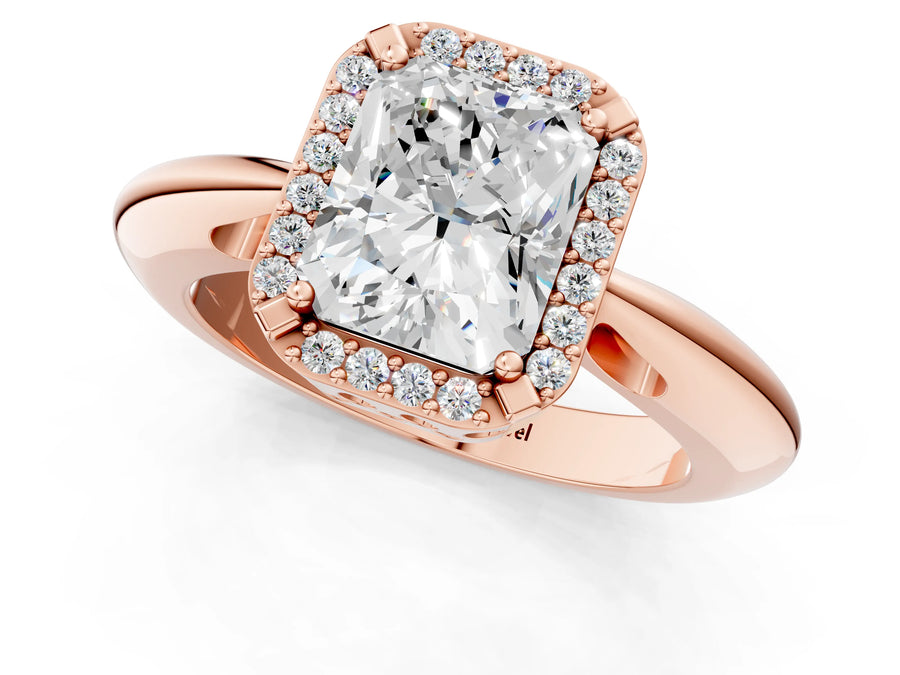 Rose gold Radiant Cut Diamond Halo Engagement Ring with Split Shank and Four-Prong Setting