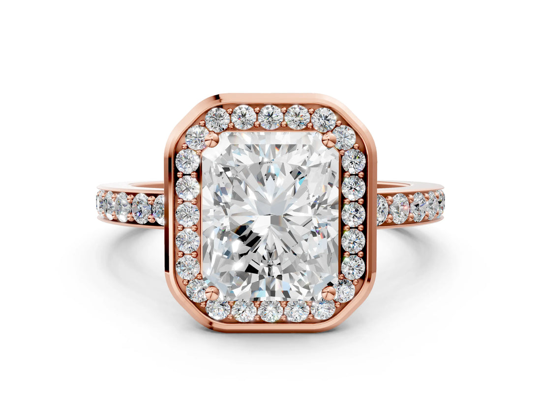 Rose gold Radiant Cut Diamond Halo Ring with Bezel Frame and Pavé Band_7