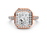 Rose gold Radiant Cut Diamond Halo Ring with Bezel Frame and Pavé Band_7