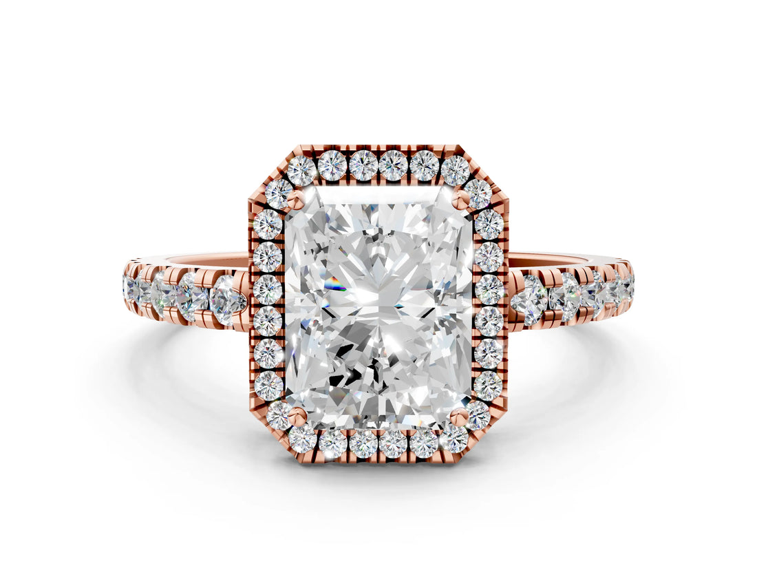 Rose gold Radiant Cut Diamond Halo Ring with Pavé Band and Four-Prong Setting_3