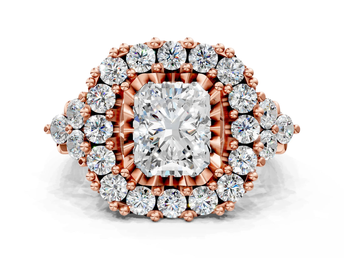 Rose gold Radiant Cut Diamond Halo Ring with Pavé Band and Four-Prong Setting_41
