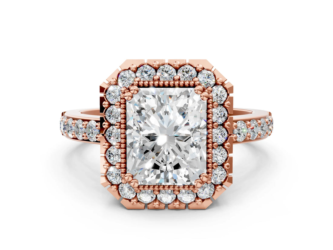 Rose gold Radiant Cut Diamond Halo Ring with Pavé Band and Prong Setting_3