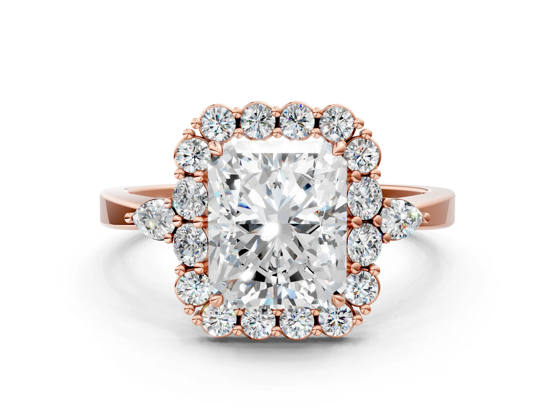 Rose gold Radiant Cut Diamond Halo Ring with Pear Side Stones and Prong Setting_55