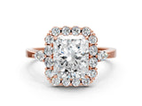 Rose gold Radiant Cut Diamond Halo Ring with Pear Side Stones and Prong Setting_55