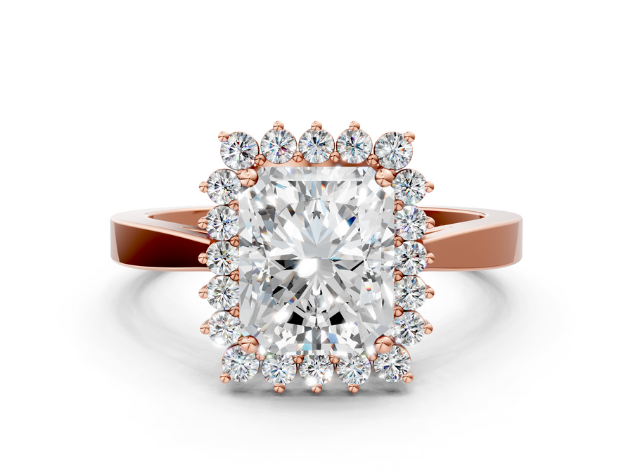 Rose gold Radiant Cut Diamond Halo Ring with Round Brilliant Halo and Solitaire Band