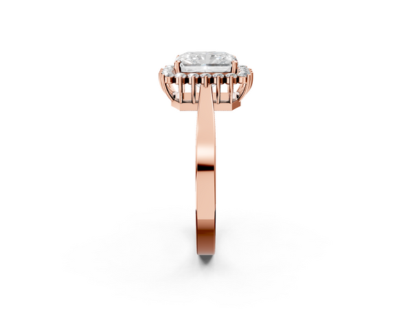Rose gold Radiant Cut Diamond Halo Ring with Round Brilliant Halo and Solitaire Band