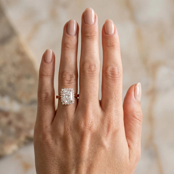Rose gold Radiant Cut Diamond Halo Ring with Round Brilliant Halo and Solitaire Band