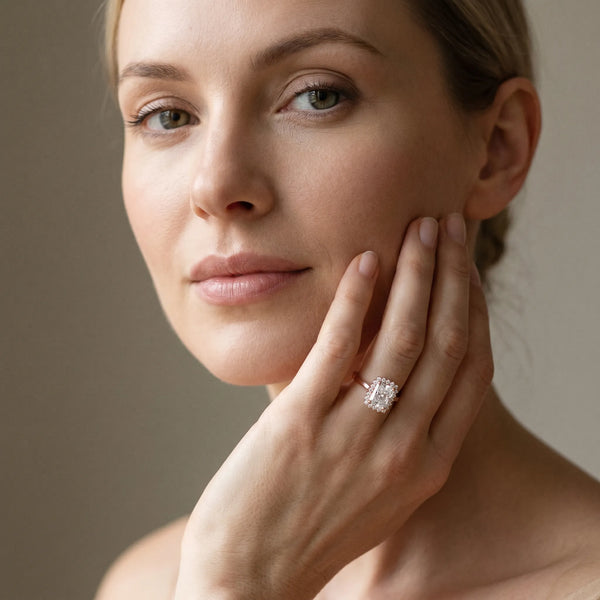 Rose gold Radiant Cut Diamond Halo Ring with Round Brilliant Halo and Solitaire Band