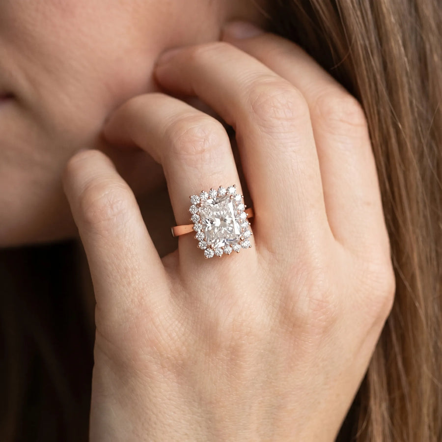 Rose gold Radiant Cut Diamond Halo Ring with Round Brilliant Halo and Solitaire Band
