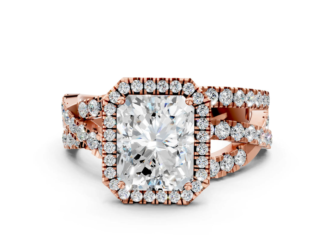 Rose gold Radiant Cut Diamond Halo Ring with Round Split Shank and Prong Setting_36