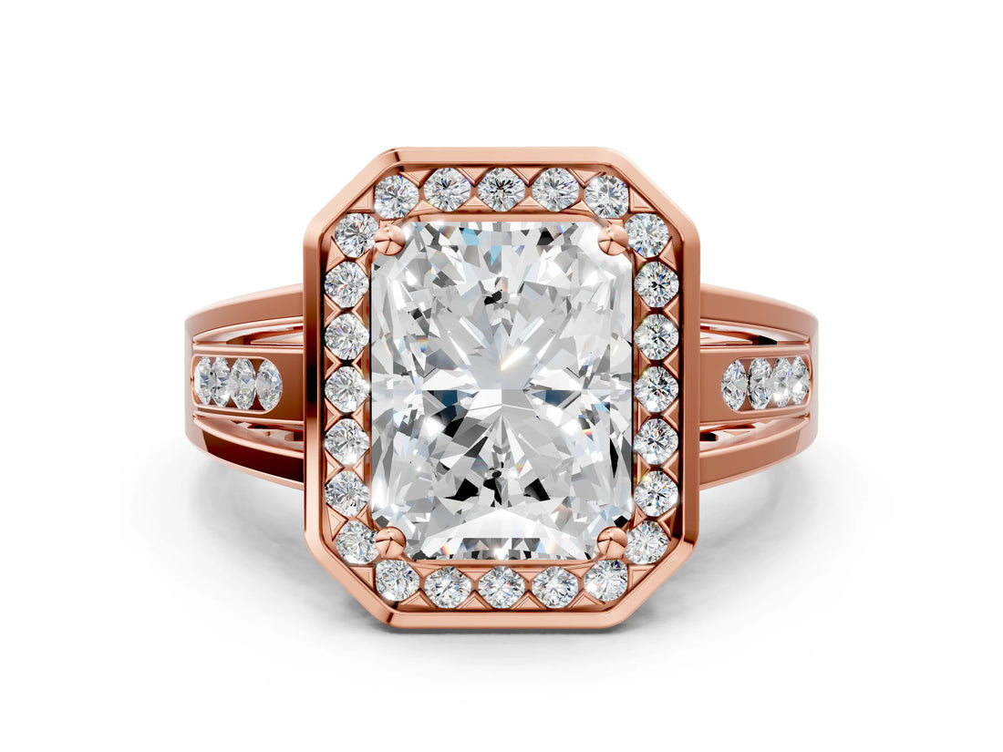 Rose gold Radiant Cut Diamond Halo Ring with Split Shank and Bezel Accents and Prong Setting_14