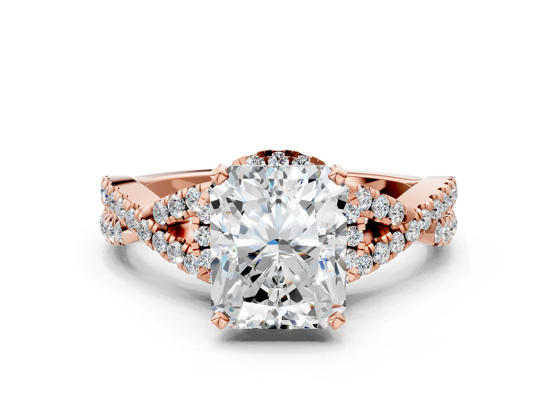 Rose gold Radiant Cut Diamond  Halo Twist Band Solitaire Prong Setting Ring_101