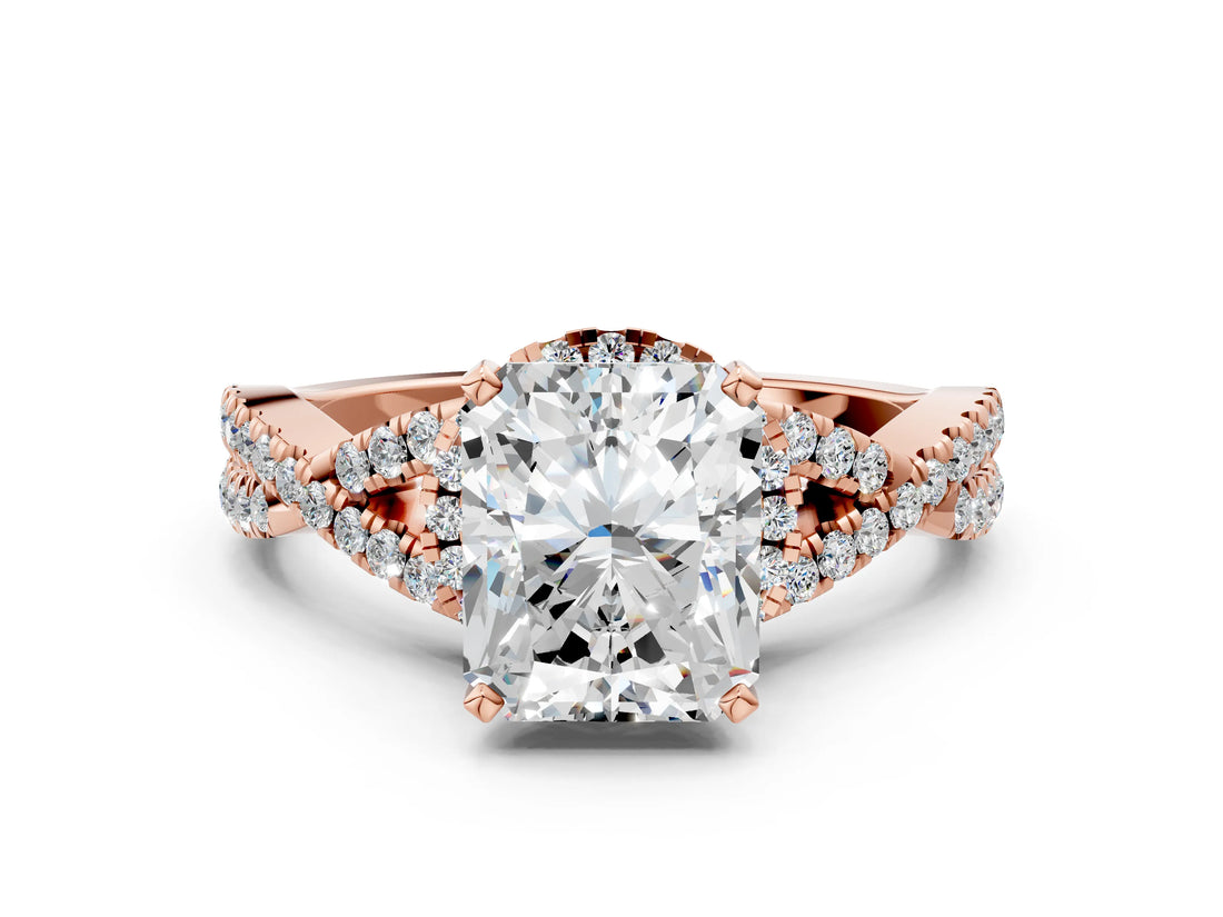 Rose gold Radiant Cut Diamond  Halo Twist Band Solitaire Prong Setting Ring_54