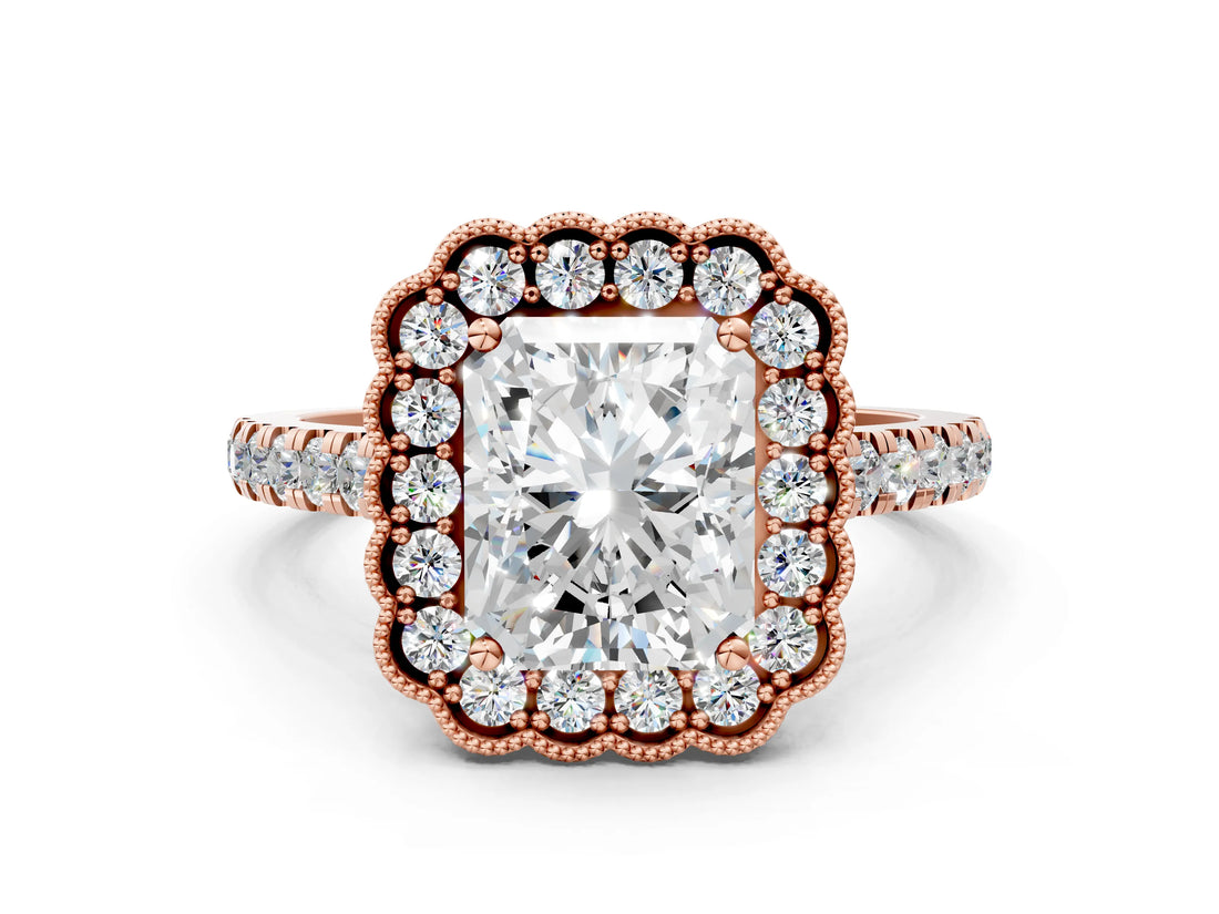 Rose gold Radiant Cut Diamond Milgrain Floral Halo Engagement Ring with Pavé Band_21