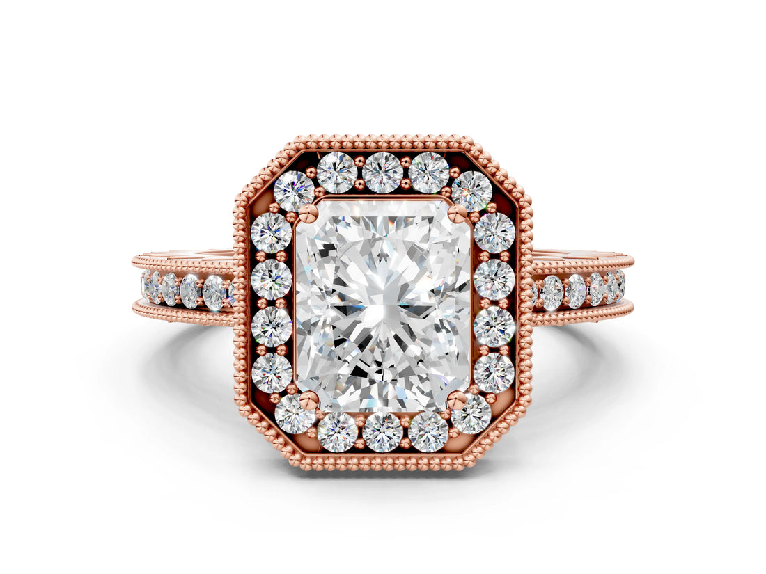 Rose gold Radiant Cut Diamond Milgrain Halo Engagement Ring with Round Pavé Band and Prong Setting_24