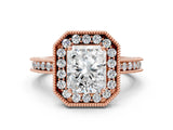 Rose gold Radiant Cut Diamond Milgrain Halo Engagement Ring with Round Pavé Band and Prong Setting_24