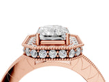 Rose gold Radiant Cut Diamond Milgrain Halo Engagement Ring with Round Pavé Band and Prong Setting_28