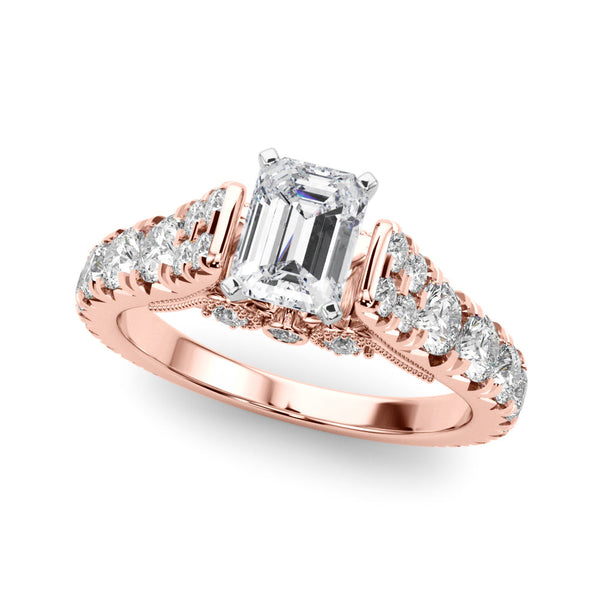 10K Rose Gold 2.56 Carat E VVS2 Emerald Cut Diamond Pavé Band Solitaire with Four-Prong Setting