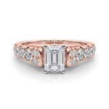 10K Rose Gold 2.56 Carat E VVS2 Emerald Cut Diamond Pavé Band Solitaire with Four-Prong Setting
