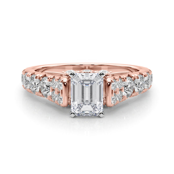 10K Rose Gold 2.56 Carat E VVS2 Emerald Cut Diamond Pavé Band Solitaire with Four-Prong Setting