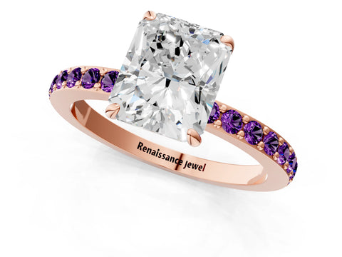 Rose gold Radiant Cut Diamond Pavé Engagement Ring with Round with Amethyst side stone Accents and Prong Setting_1