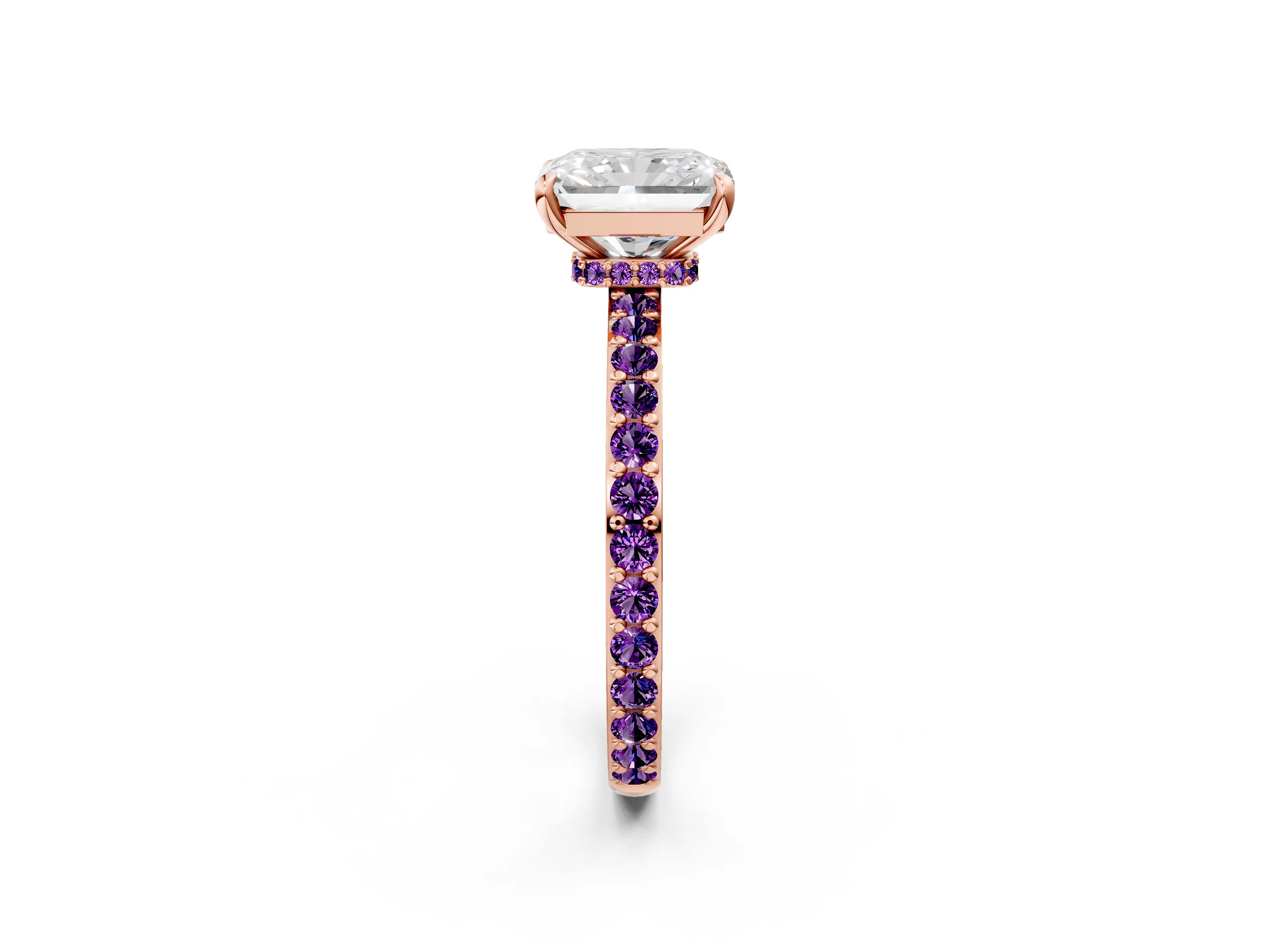 Rose gold Radiant Cut Diamond Pavé Engagement Ring with Round with Amethyst side stone Accents and Prong Setting_2