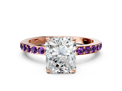 Rose gold Radiant Cut Diamond Pavé Engagement Ring with Round with Amethyst side stone Accents and Prong Setting