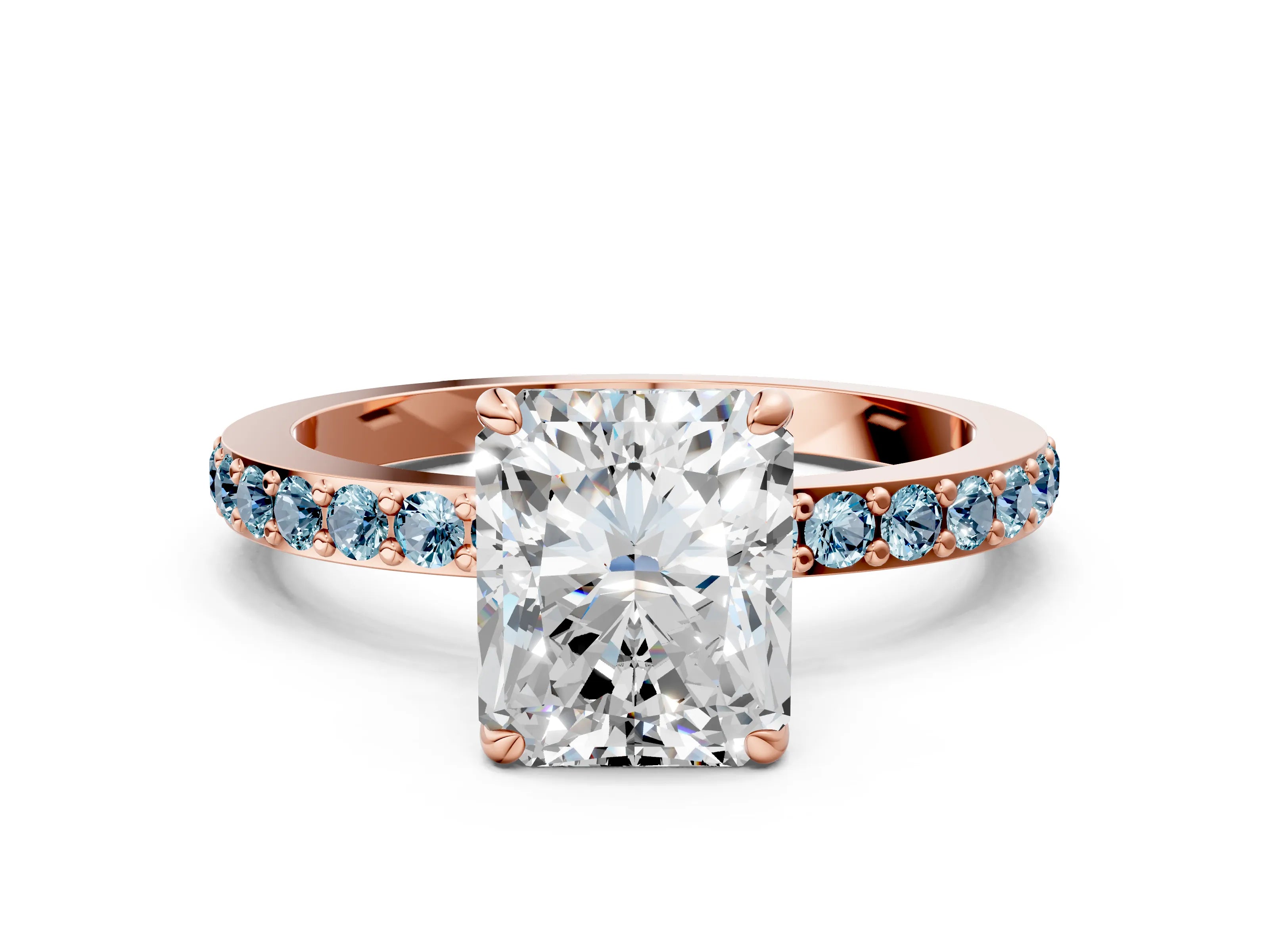 Rose gold Radiant Cut Diamond Pavé Engagement Ring with Round with Aquamarine side stone Accents and Prong Setting
