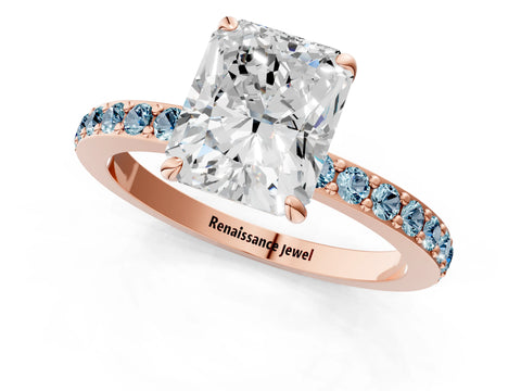 Rose gold Radiant Cut Diamond Pavé Engagement Ring with Round with Aquamarine side stone Accents and Prong Setting_1
