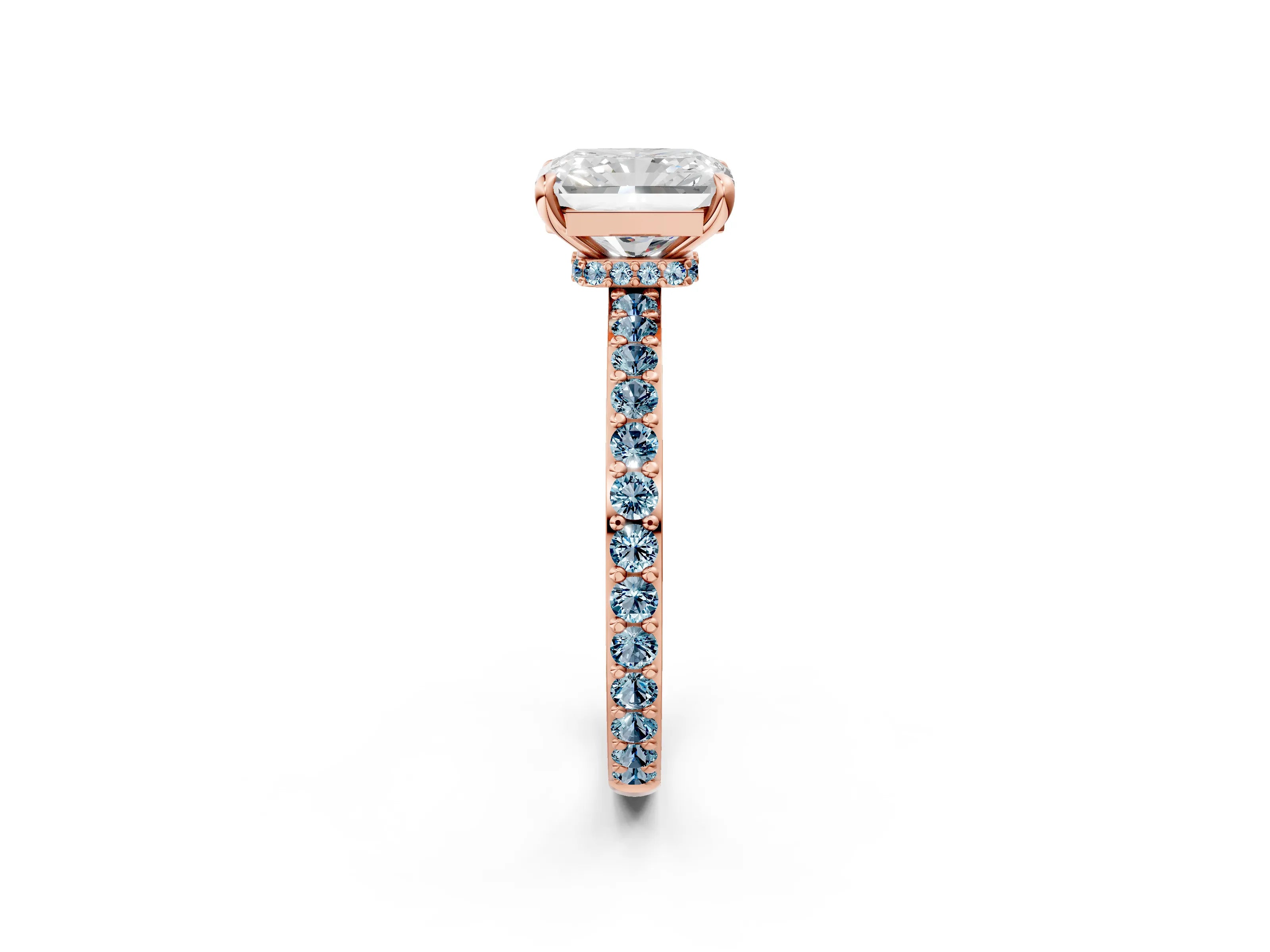 Rose gold Radiant Cut Diamond Pavé Engagement Ring with Round with Aquamarine side stone Accents and Prong Setting_2