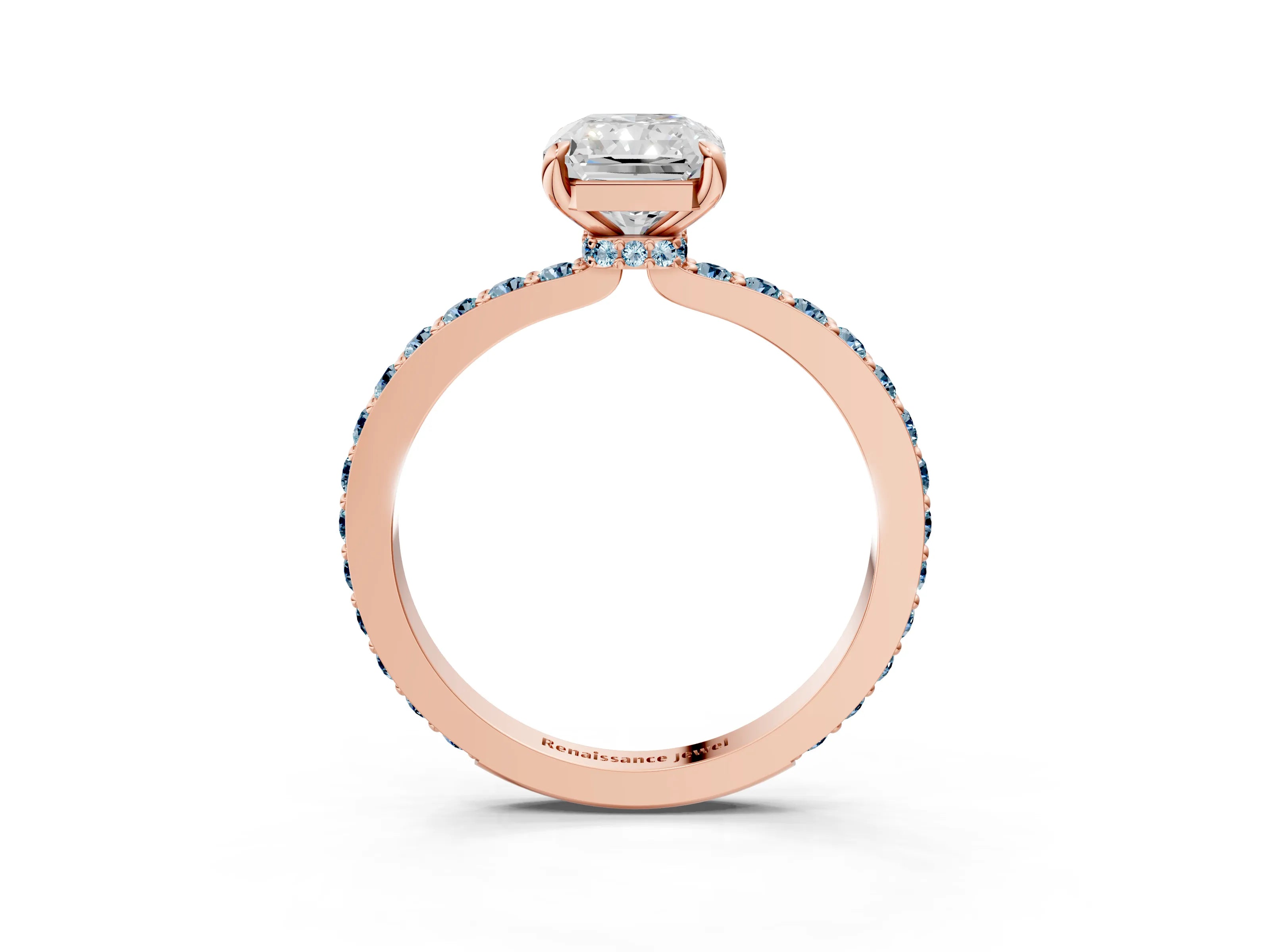 Rose gold Radiant Cut Diamond Pavé Engagement Ring with Round with Aquamarine side stone Accents and Prong Setting_3