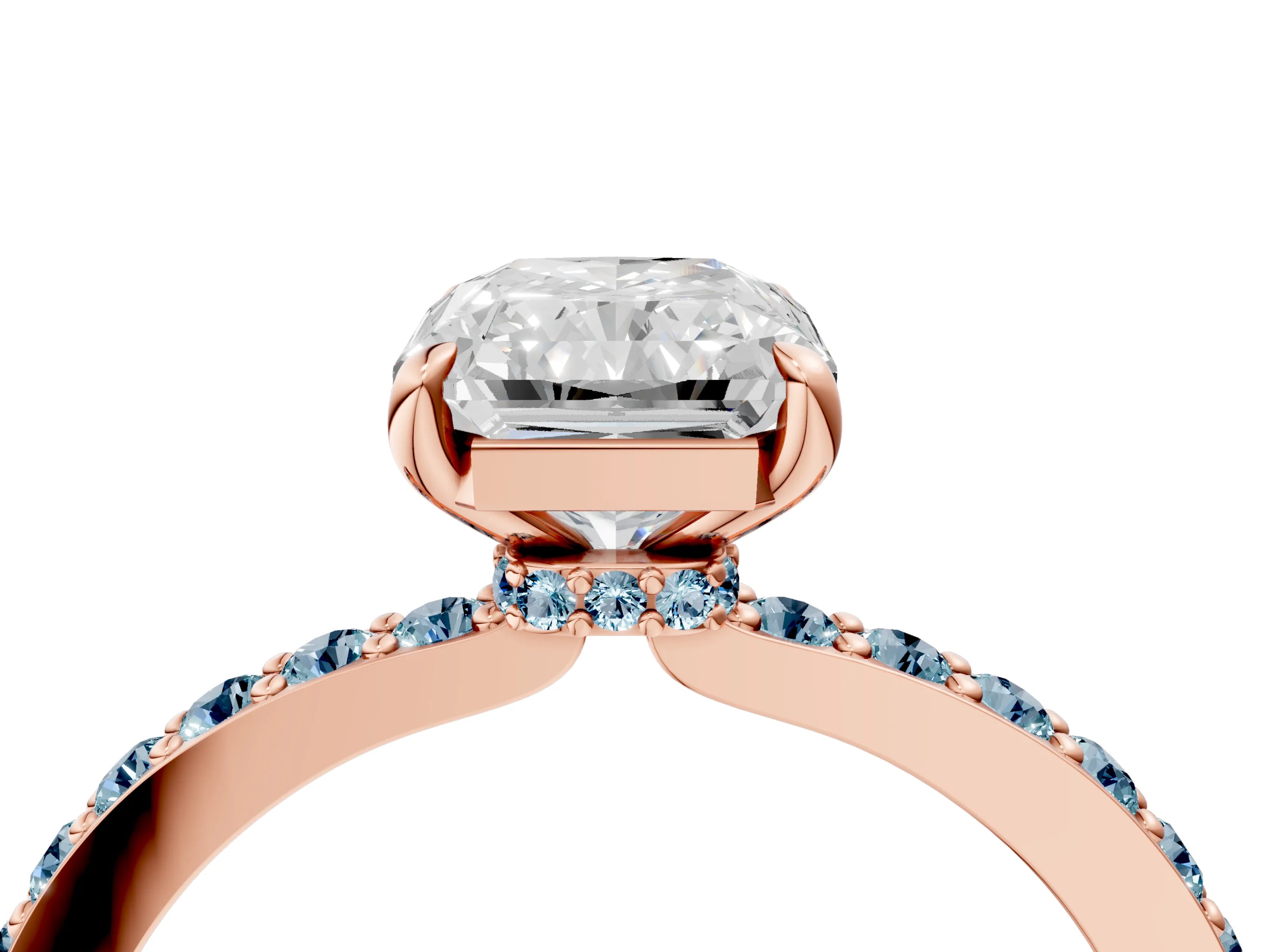 Rose gold Radiant Cut Diamond Pavé Engagement Ring with Round with Aquamarine side stone Accents and Prong Setting_4
