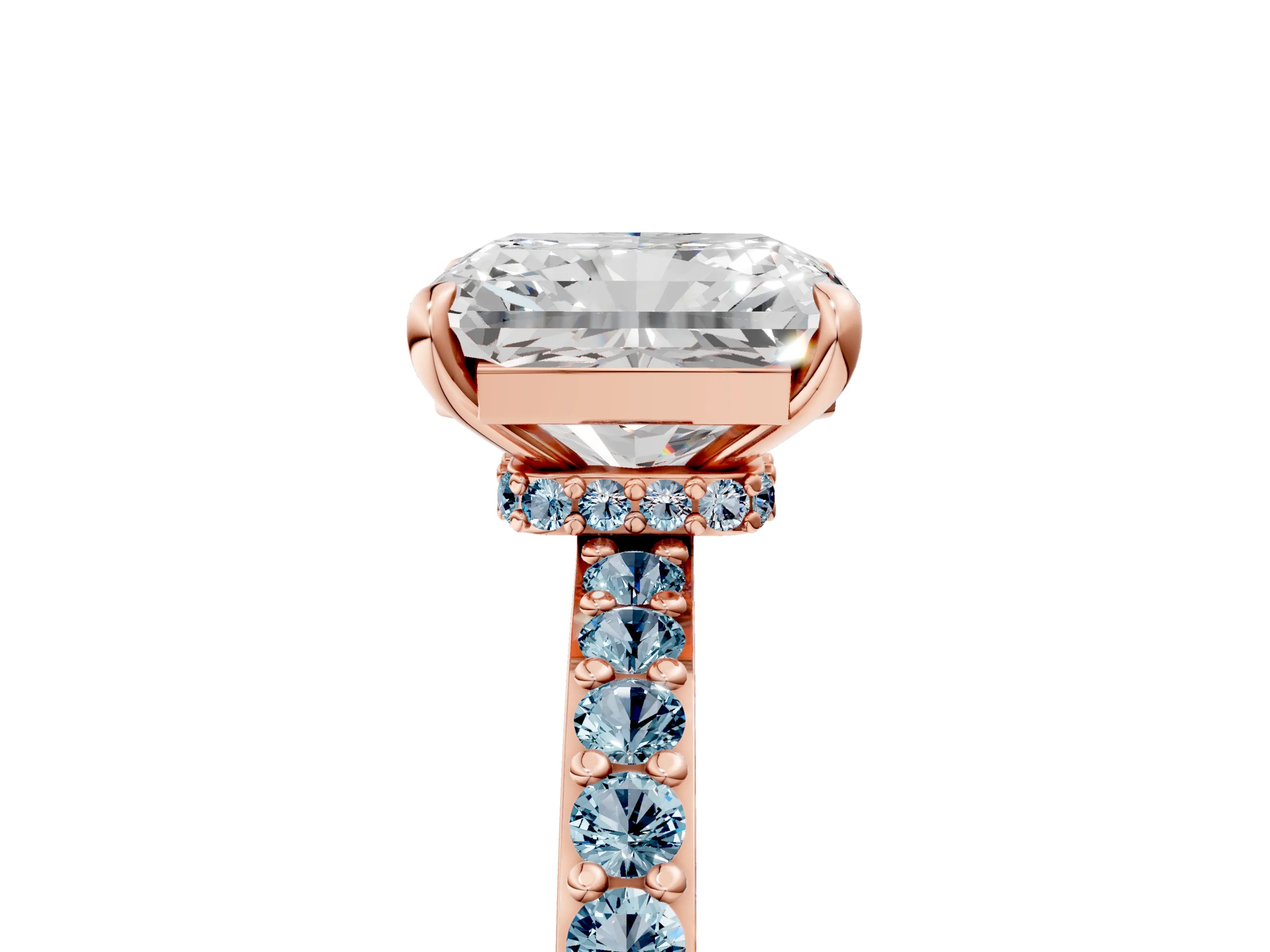 Rose gold Radiant Cut Diamond Pavé Engagement Ring with Round with Aquamarine side stone Accents and Prong Setting_5