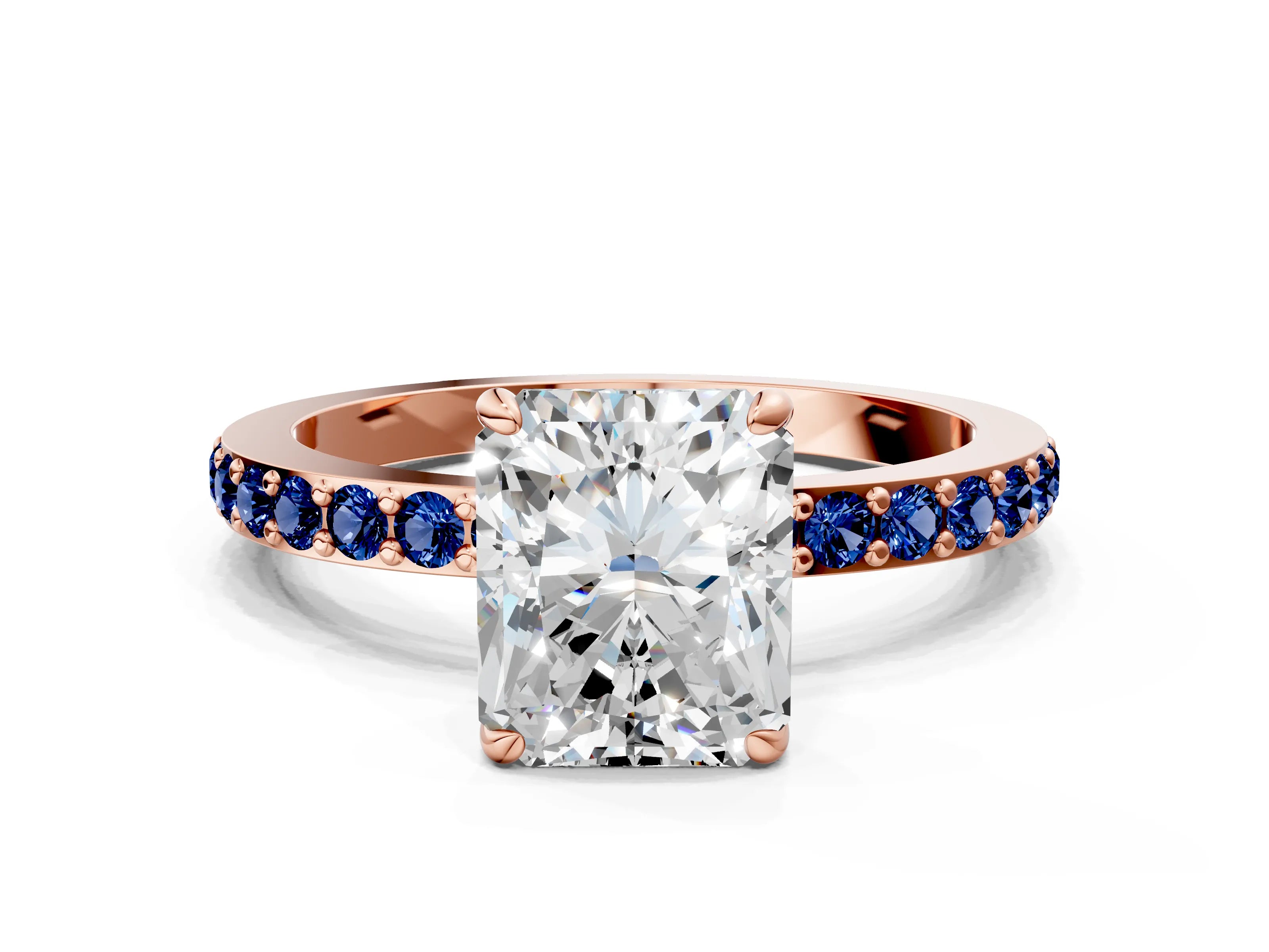 Rose gold Radiant Cut Diamond Pavé Engagement Ring with Round with Blue Sapphire side stone Accents and Prong Setting