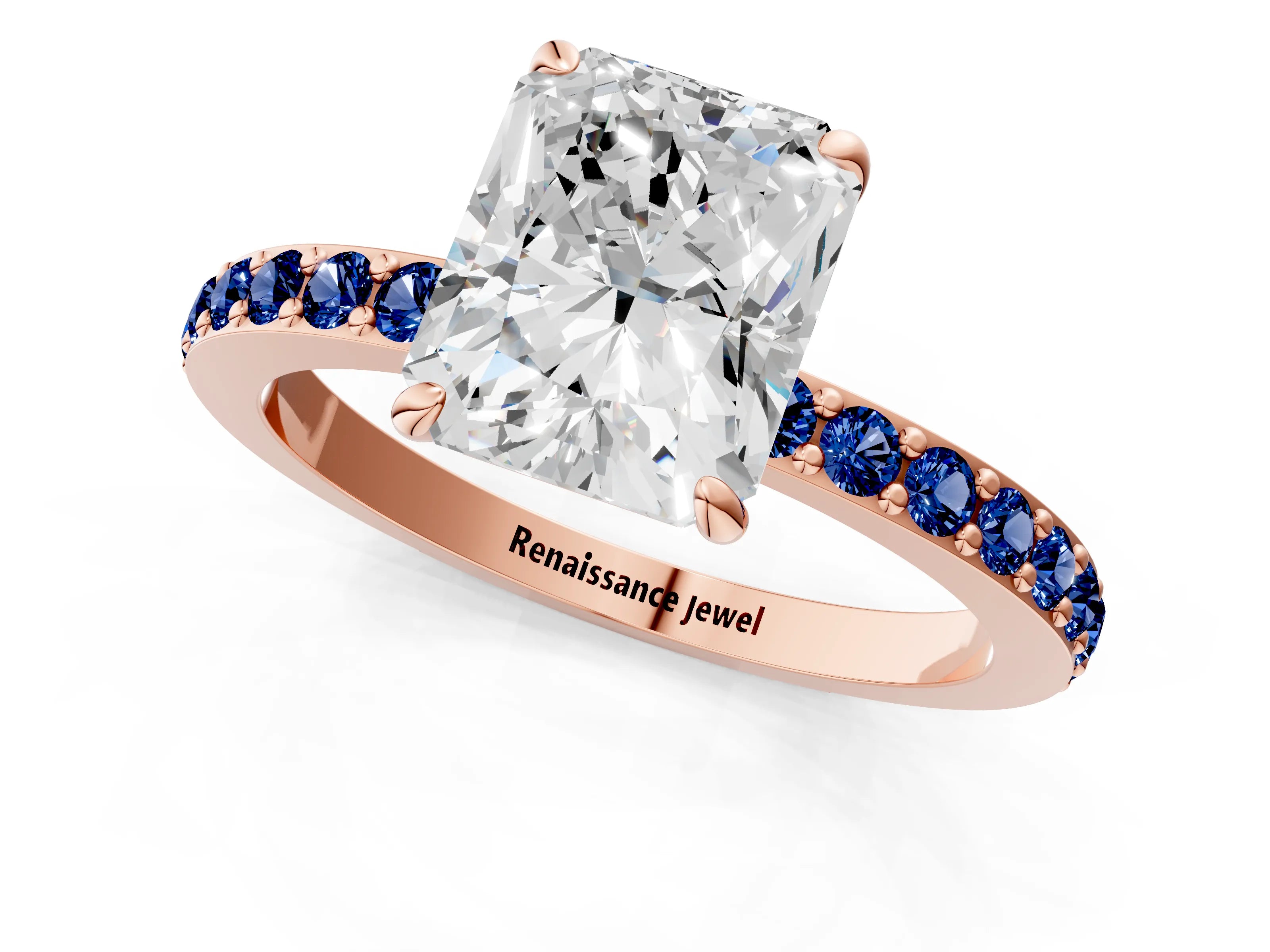 Rose gold Radiant Cut Diamond Pavé Engagement Ring with Round with Blue Sapphire side stone Accents and Prong Setting_1