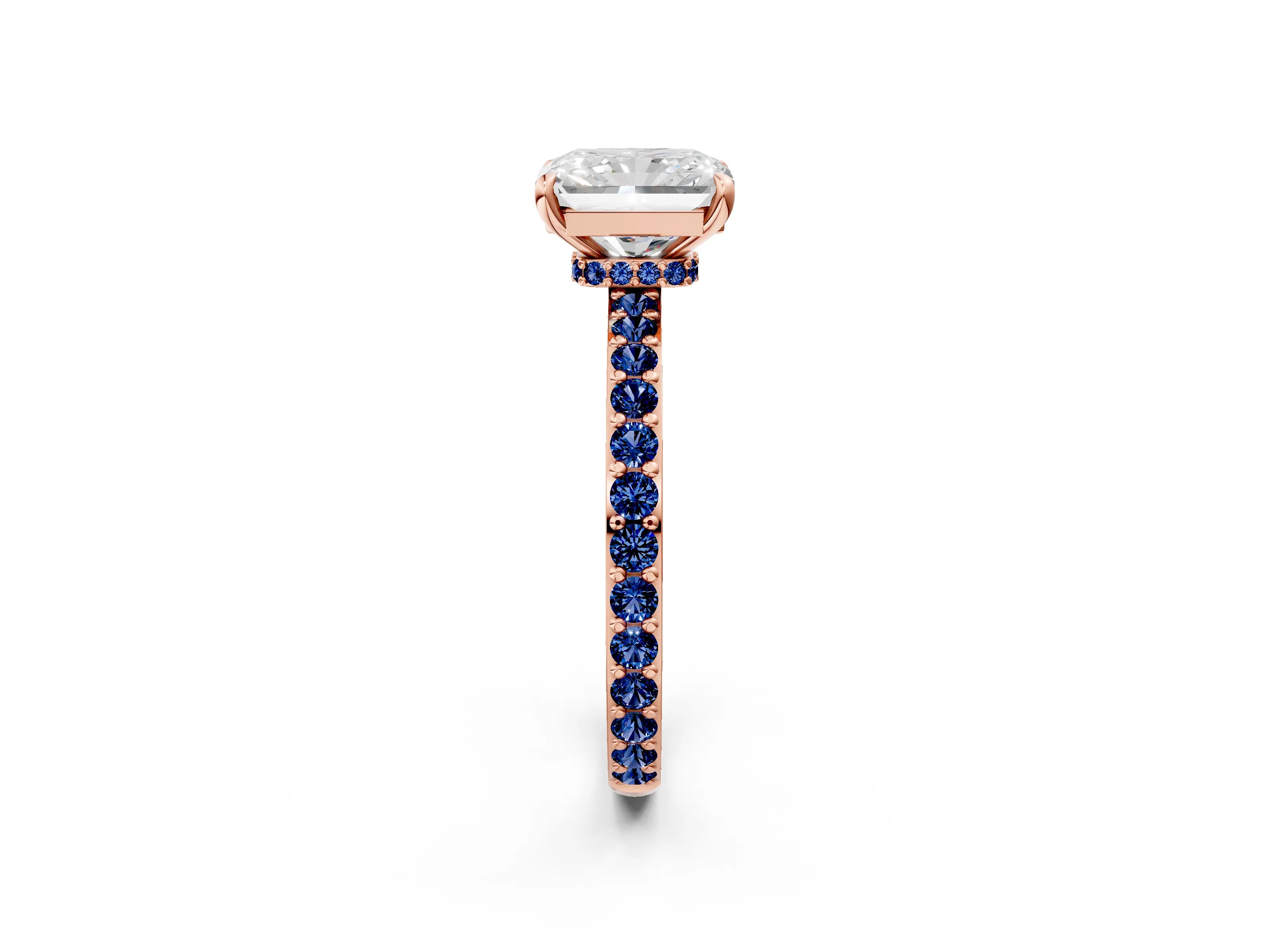 Rose gold Radiant Cut Diamond Pavé Engagement Ring with Round with Blue Sapphire side stone Accents and Prong Setting_2