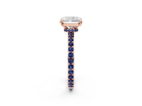 Rose gold Radiant Cut Diamond Pavé Engagement Ring with Round with Blue Sapphire side stone Accents and Prong Setting_2