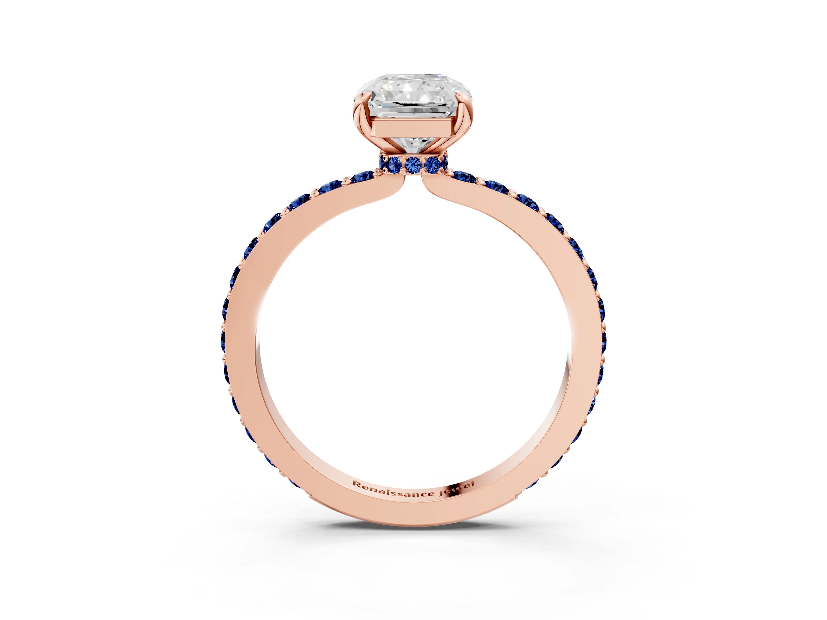 Rose gold Radiant Cut Diamond Pavé Engagement Ring with Round with Blue Sapphire side stone Accents and Prong Setting_3