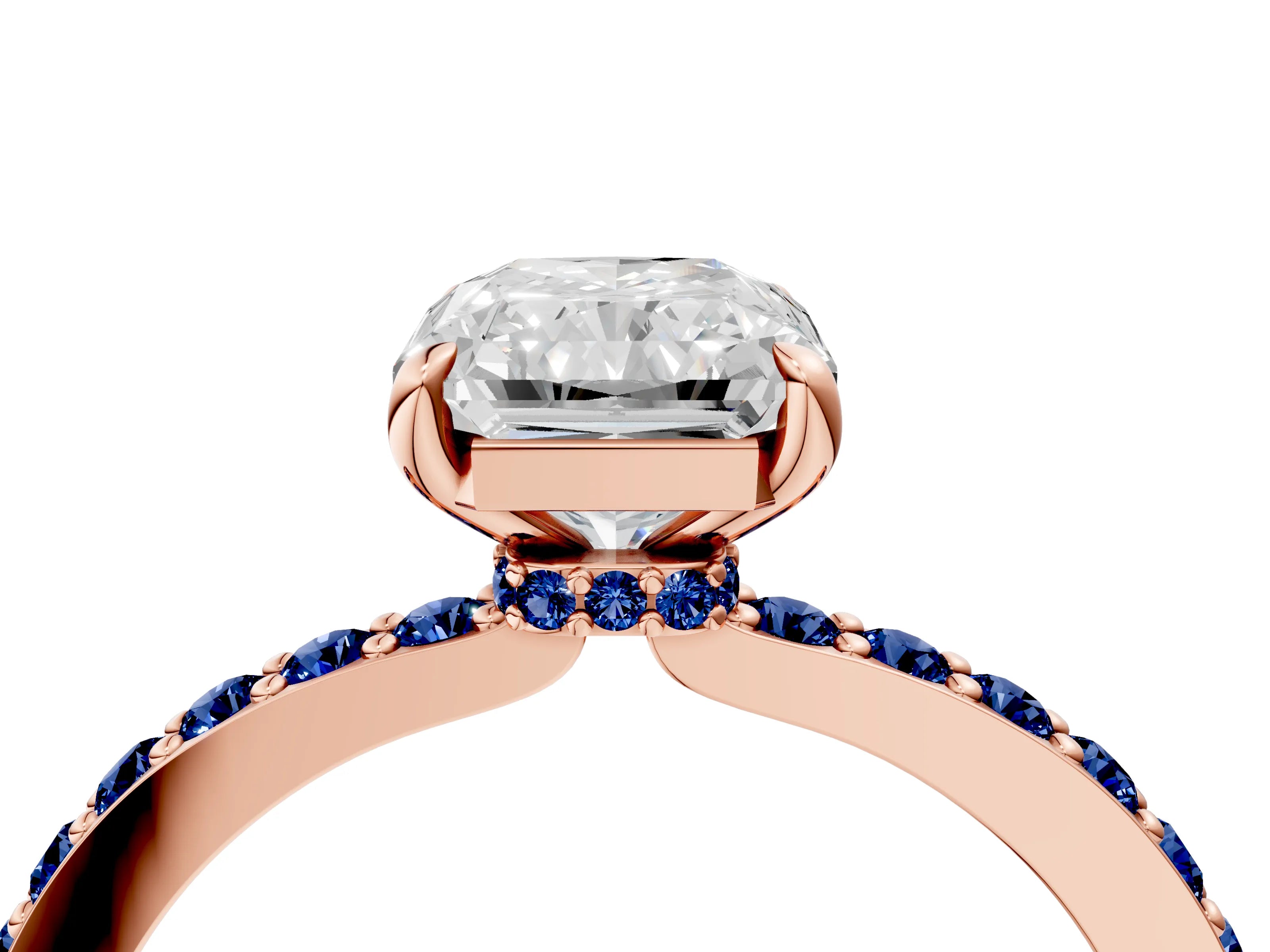 Rose gold Radiant Cut Diamond Pavé Engagement Ring with Round with Blue Sapphire side stone Accents and Prong Setting_4