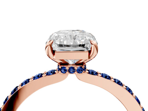 Rose gold Radiant Cut Diamond Pavé Engagement Ring with Round with Blue Sapphire side stone Accents and Prong Setting_4