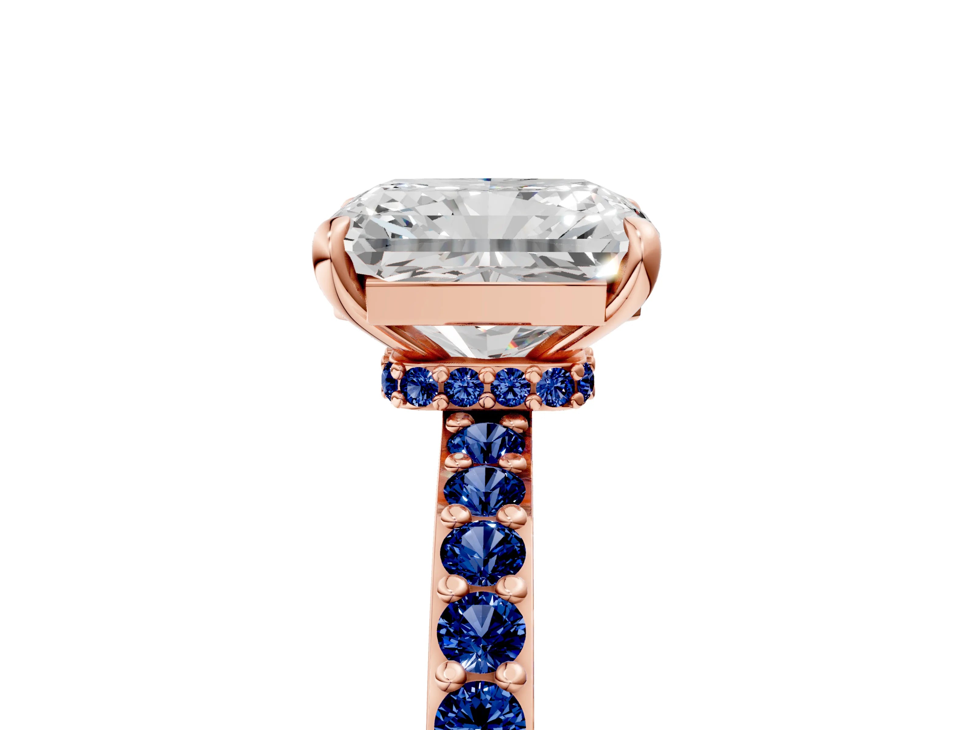 Rose gold Radiant Cut Diamond Pavé Engagement Ring with Round with Blue Sapphire side stone Accents and Prong Setting_5