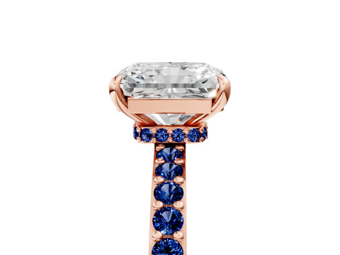 Rose gold Radiant Cut Diamond Pavé Engagement Ring with Round with Blue Sapphire side stone Accents and Prong Setting_5