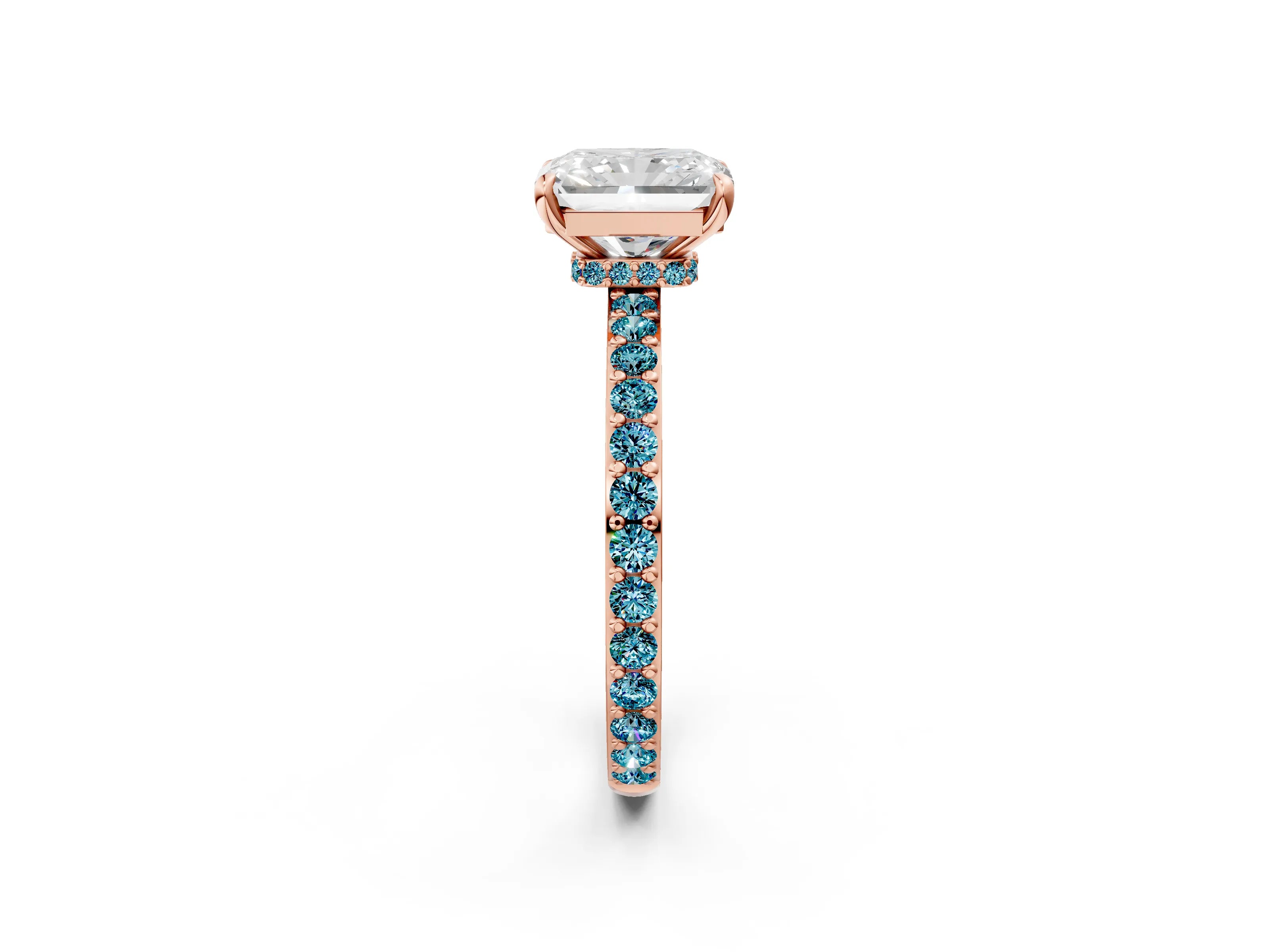 Rose gold Radiant Cut Diamond Pavé Engagement Ring with Round with Blue Topaz side stone Accents and Prong Setting_2