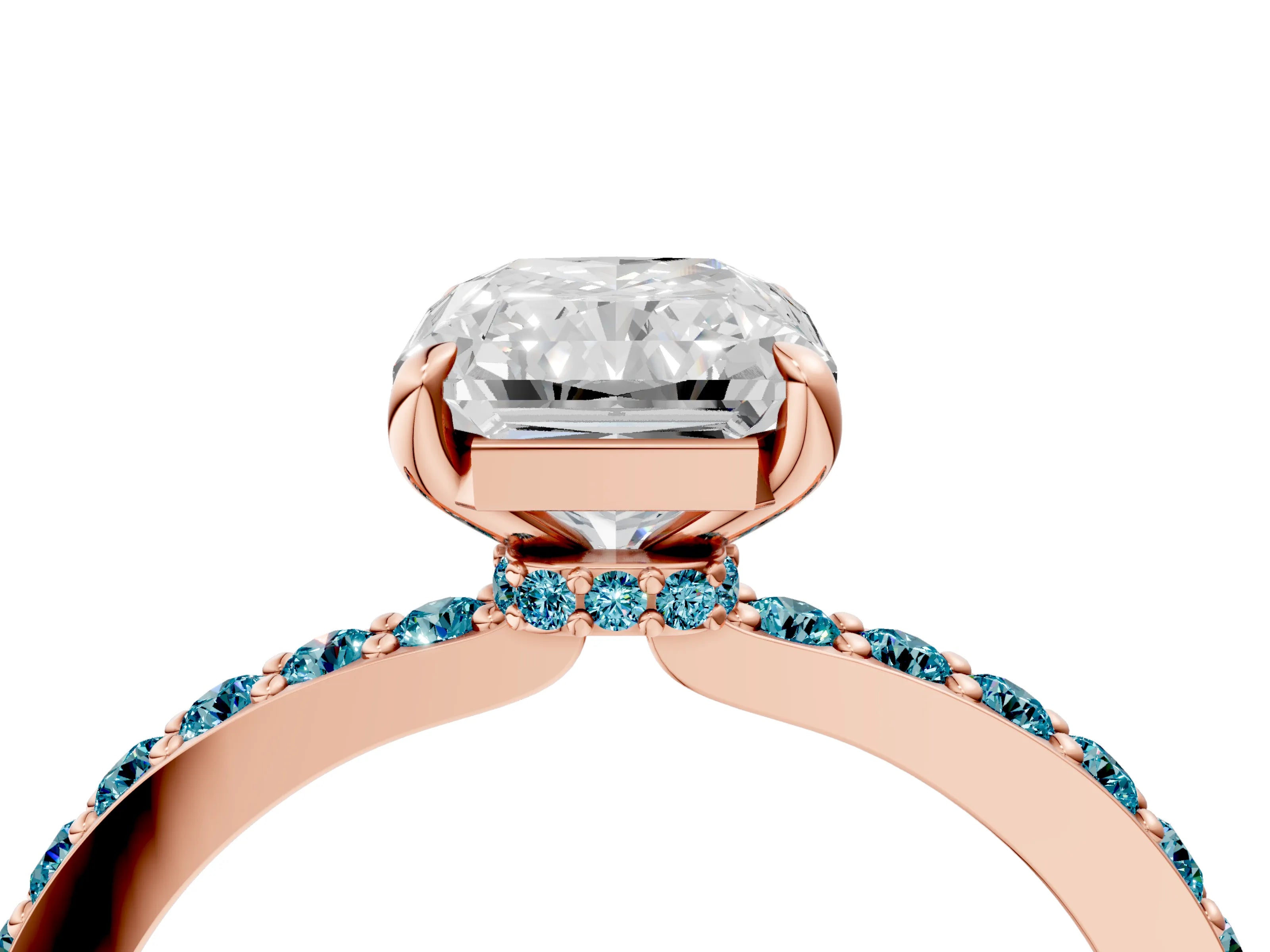 Rose gold Radiant Cut Diamond Pavé Engagement Ring with Round with Blue Topaz side stone Accents and Prong Setting_4