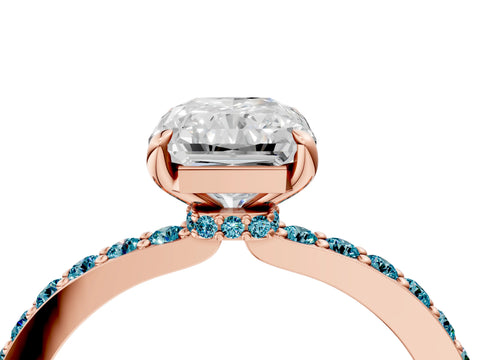 Rose gold Radiant Cut Diamond Pavé Engagement Ring with Round with Blue Topaz side stone Accents and Prong Setting_4