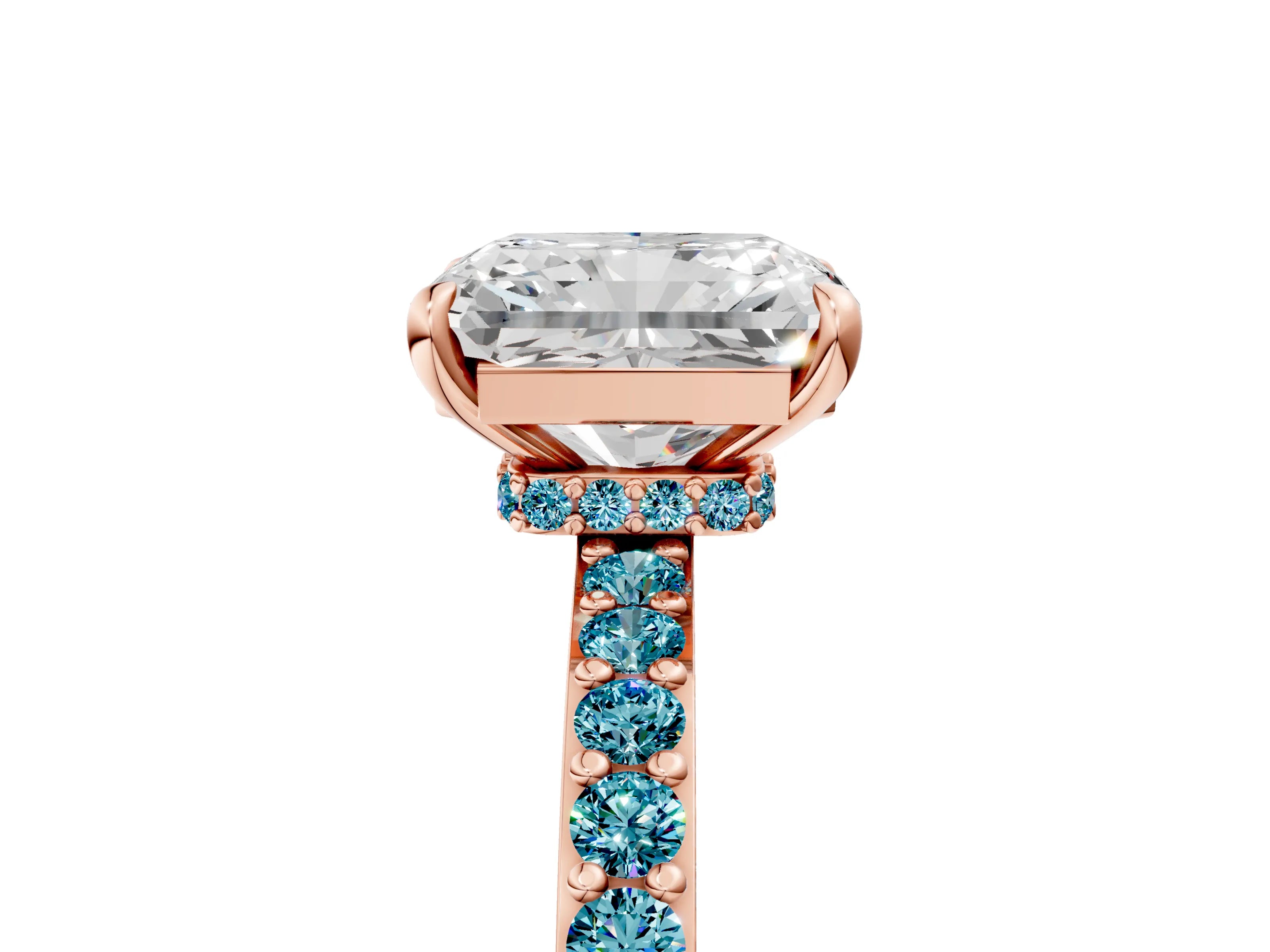 Rose gold Radiant Cut Diamond Pavé Engagement Ring with Round with Blue Topaz side stone Accents and Prong Setting_5