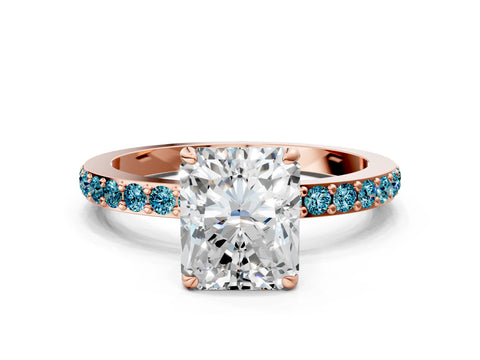 Rose gold Radiant Cut Diamond Pavé Engagement Ring with Round with Blue Topaz side stone Accents and Prong Setting