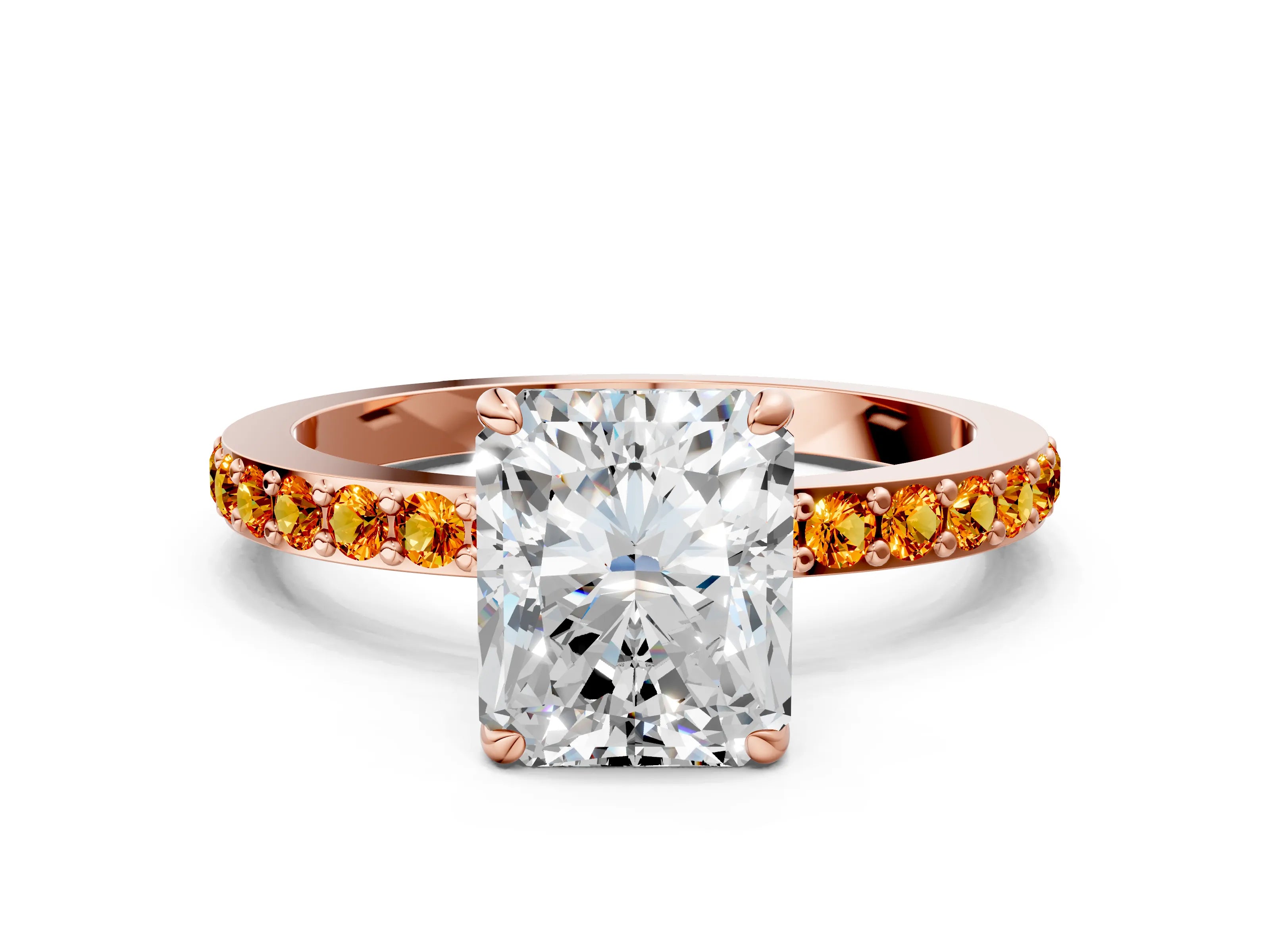 Rose gold Radiant Cut Diamond Pavé Engagement Ring with Round with Citrine side stone Accents and Prong Setting
