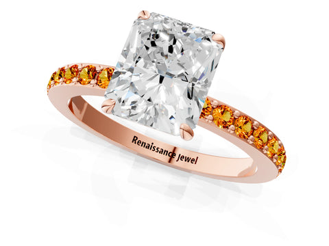 Rose gold Radiant Cut Diamond Pavé Engagement Ring with Round with Citrine side stone Accents and Prong Setting_1